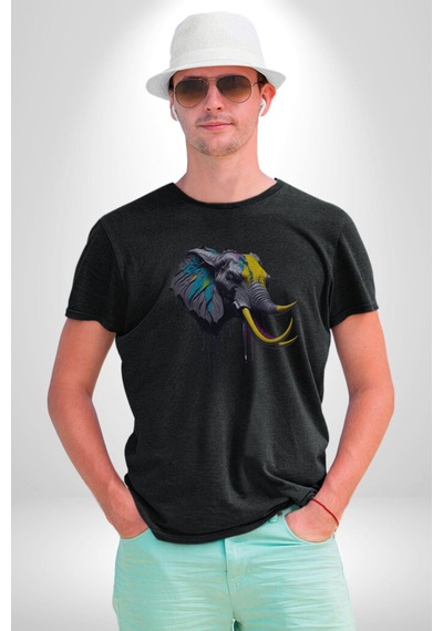 Renkli Fil Kafası Unisex Unisex Siyah Organik Baskılı T-shirt Penye Yüksek Kalite Siyah