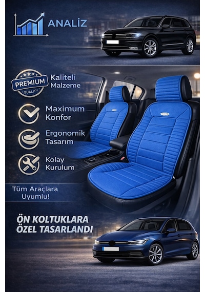Honda Civic 2012-2015 Üniversal Vento Serisi 2 Parça Ön Oto Koltuk Minderi Mavi