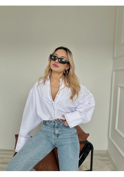 Keymoda Kadın Taş Detaylı Poplin Gömlek Beyaz Beyaz