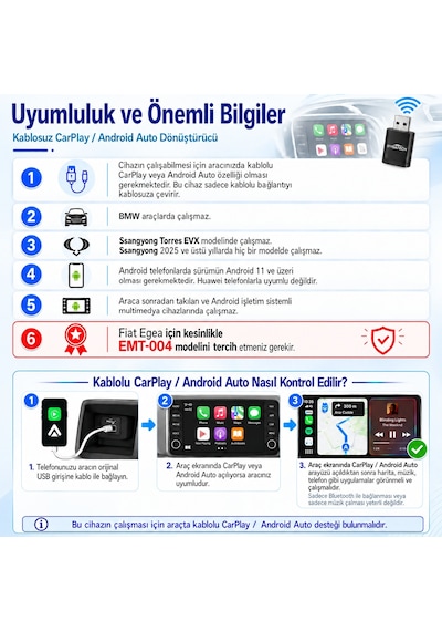 Embatech 2in1 Kablosuz Android Auto Ve Carplay Adaptörü Emt-006N