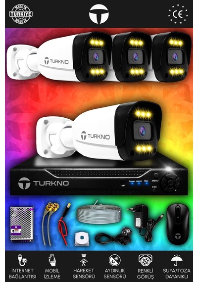 Turkno 4 Kameralı Ultia 4 Dış Kamera Set HDD'siz 5 MP 2K Net Renkli Gece Görüşlü Güvenlik Kamerası Sistemi