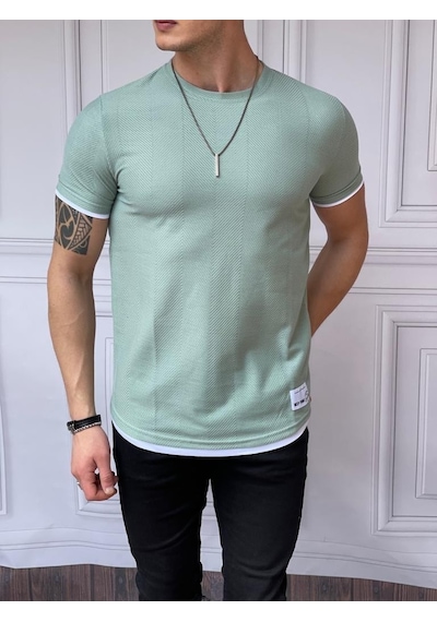 Modefendi Slim Fit Örgü Desen Pamuklu Parçalı Tshırt Yeşil