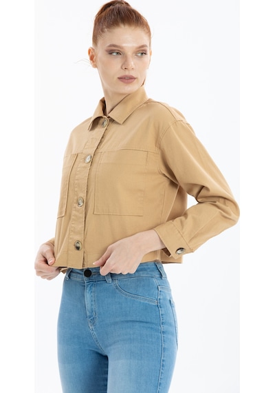 Pera Moda Çift Cepli Crop Ceket Camel
