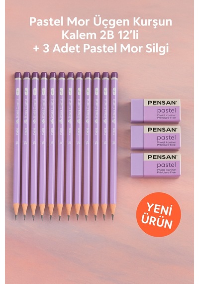 Pastel Mor Mercanlı Kurşun Kalem 2b Üçgen 12li + 3 Adet Pastel Mor Silgi Mor