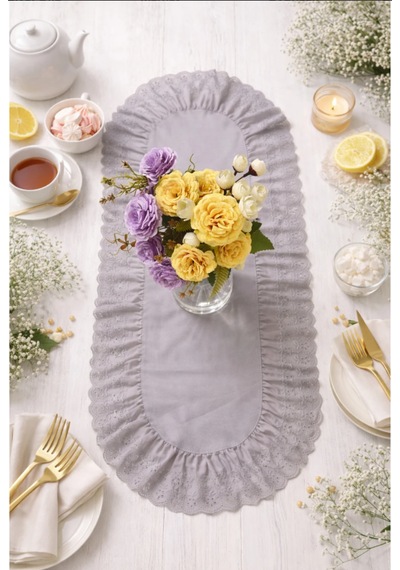 Fırfırlı Fistolu Duck Keten Oval Runner & Dekoratif Örtü &sehpa Örtü 35x65 Cm Gri