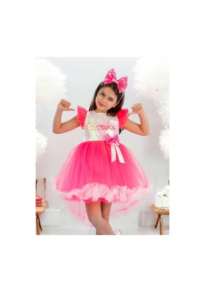 Cantoy Kız Çocuk Önü Kısa Arkası Uzun Taçlı Barbie Kostüm-15220 Pembe