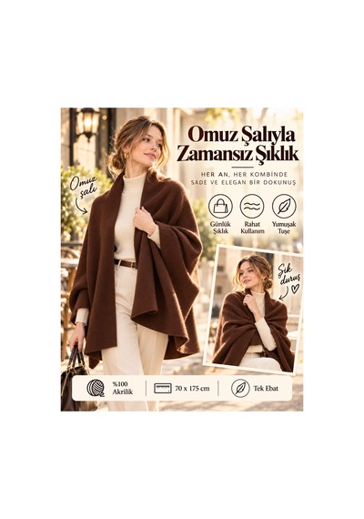 Comerciante Kahverengi Düz Triko Kadın Omuz Şalı Yumuşak Dokulu Kışlık Şal 70x175 Cm %100 Akrilik Kahverengi - 930337046 Kahverengi