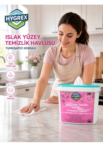 Hygrex Yüzey Temizlik Havlusu Yumuşatıcı Kokulu Islak Kova Mendil 250 Adet Ev Ofis Tüm Yüzeyler Beyaz