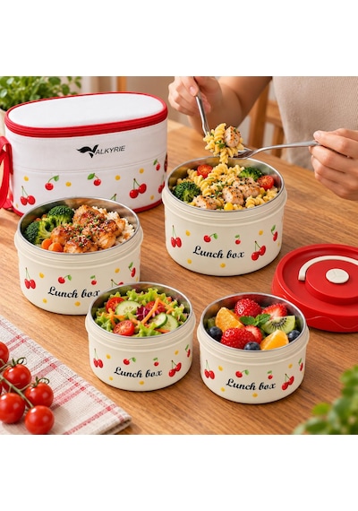 Valkyrie 4 Katlı Kirazlı Yemek Termosu 2040 Ml 304 Paslanmaz Çelik Lunch Box Isı Yalıtımlı Çantalı Kırmızı