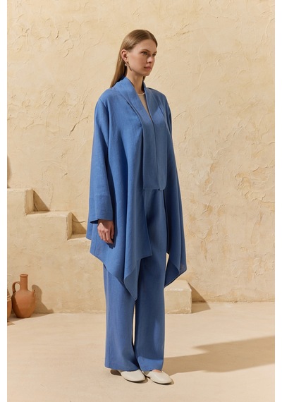 Aker İndigo Şal Yaka Keten Kimono İndigo İndigo