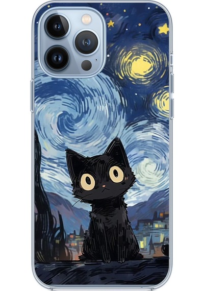 Apple Uyumlu iPhone 13 Pro Max  Gece Yarısı Kedi Tasarımlı Baskılı Silikon Kılıf Renkli