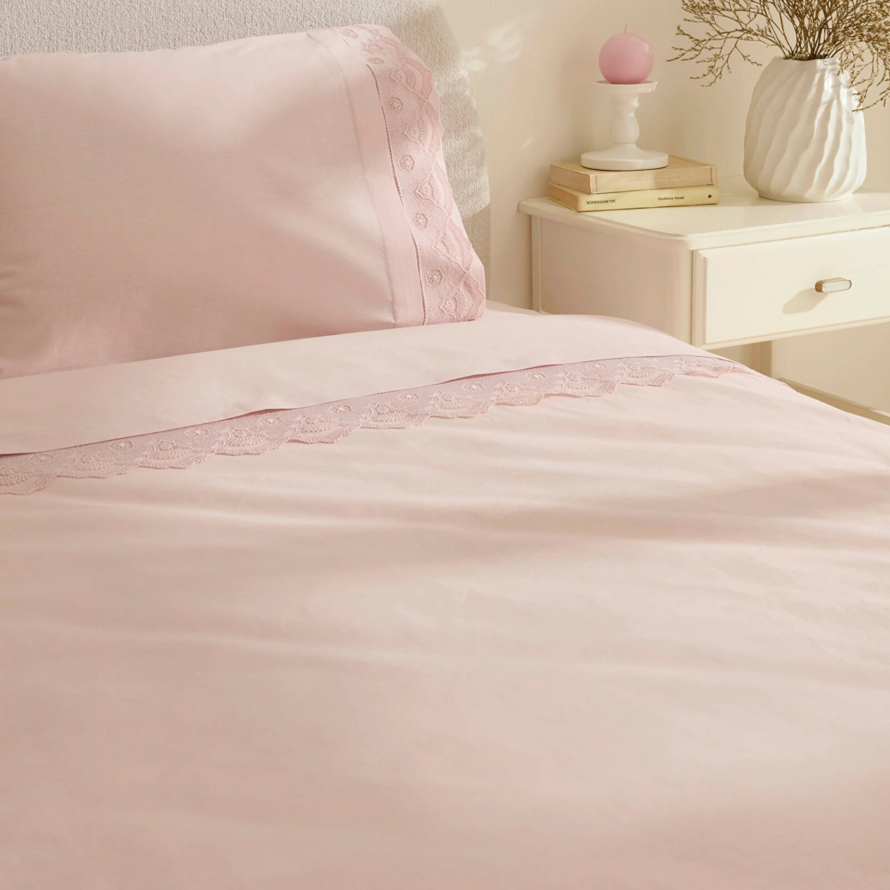 Karaca Home Teora %100 Pamuk Dantelli Çift Kişilik Nevresım Takımı Pudra Pudra