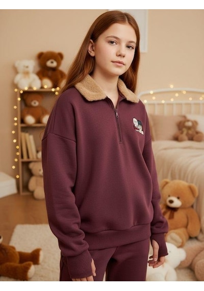 Kız Çocuk Yakası Tüylü Fermuarlı Parmak Geçirme Detaylı Tasarım Sweatshirt-16489 MÜRDÜM