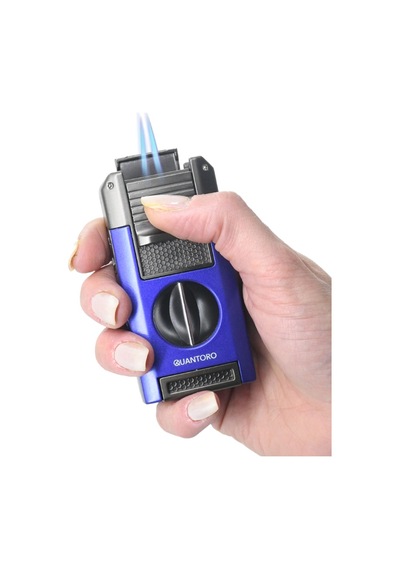 Quantoro Çift Torch Pürmüz V-cut/delicili/iğneli Mavi-gunmetal Metal Puro Çakmağı - Trz1093