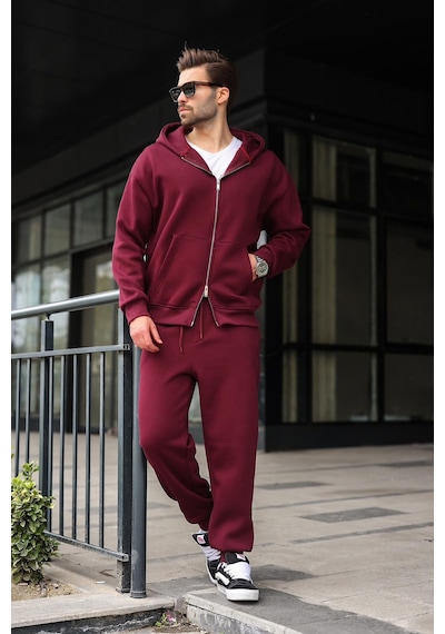 Madmext Bordo Çift Fermuarlı Kapüşonlu Eşofman Takımı E7345 Bordo