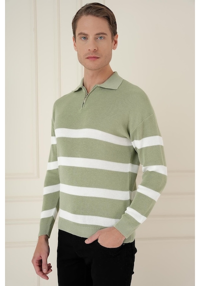 Efor Slim Fit Çizgili Fermuarlı Polo Yaka Yeşil Triko Kazak Tr 877 Yeşil