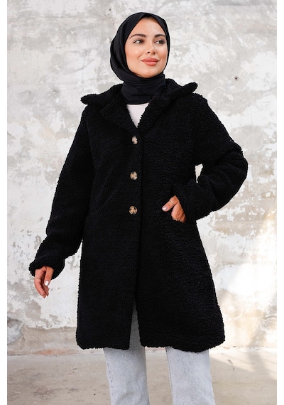 Bestenur Çift Cepli Tesettür Peluş Kap 1245 - Siyah