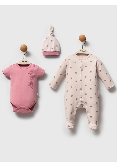 Moi Noi Baby Moi Noi 3lü Şapkalı Baskılı Tulum - Pembe Gül Kurusu