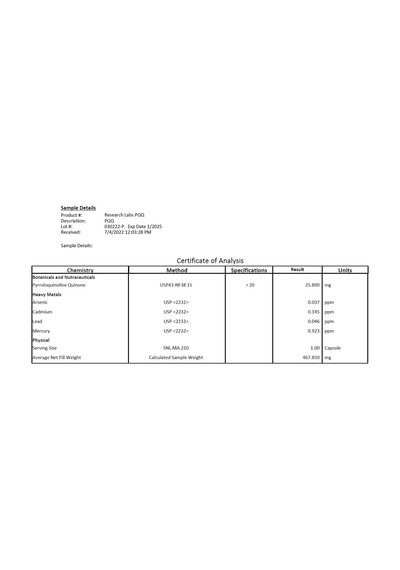 Research Labs Ultra High Purity 20mg Pqq Pyrroloquinoline Atp Energy Heart Cognitive Support Nootrop
