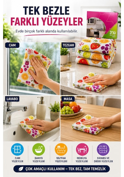 Renkli 3'lü Mikrofiber Temizlik Bezi 35x35 Cm Çok Amaçlı Mutfak Cam Banyo Silme Ve Kurulama Bezi Diğer