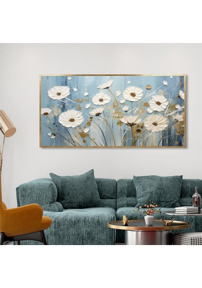 Yağlı Boya Dokulu Tablo Mavi Fonda Beyaz Modern Çiçekler Altın Çerçeveli U02037-178891