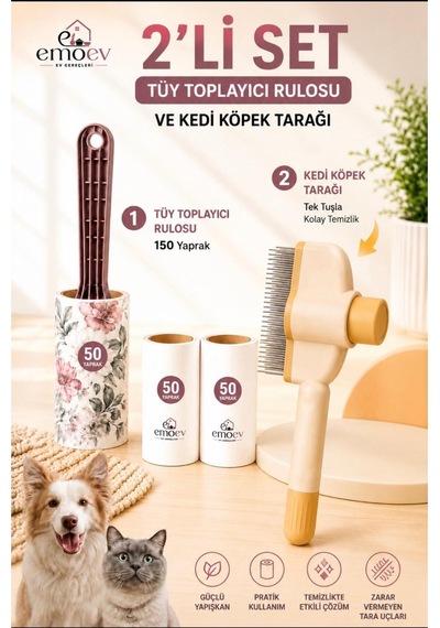 2'li Set Kedi Köpek Tüy Toplayıcı Rulo 150 Yaprak Ve Tek Tuşla Temizlenen Evcil Hayvan Tarağı