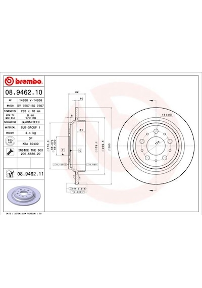 Brembo Arka Fren Dısk Ayna Volvo S70 96 00 V70 96 00 Xc70 99 04 08946211 272248 2722486 31262094
