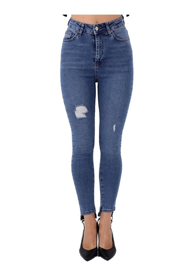 Alemdarshop Mavi Renk Dar Paça Eskitme Detaylı Yüksek Bel Jeans - Mavi