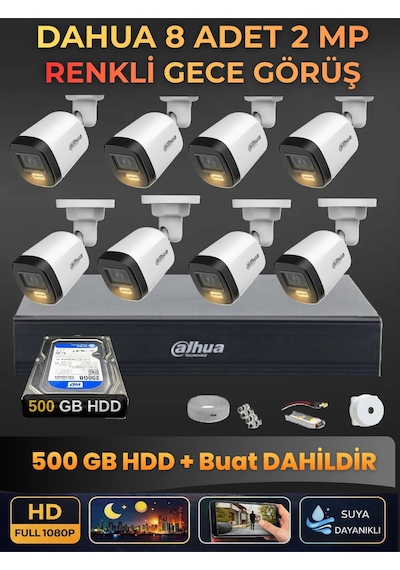 8 Kameralı 2mp Gece Renkli Güvenlik Kamerası Seti, 500 Gb Hdd, Fullhd İç Dış Mekan Uyumlu 27625506