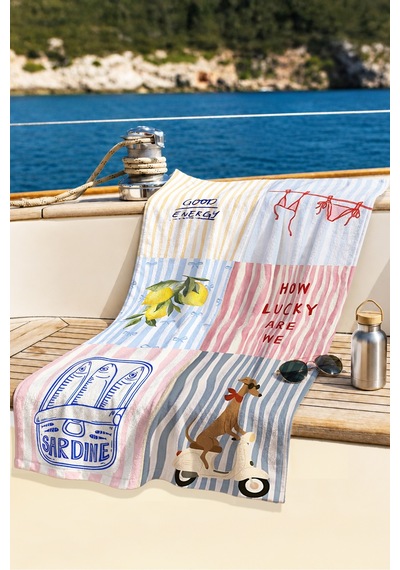 Çizgili Akdeniz Temalı Estetik Plaj Havlusu - İtalyan Yazı Marine Patchwork Mikrofiber Havlu Dalgın İncisi
