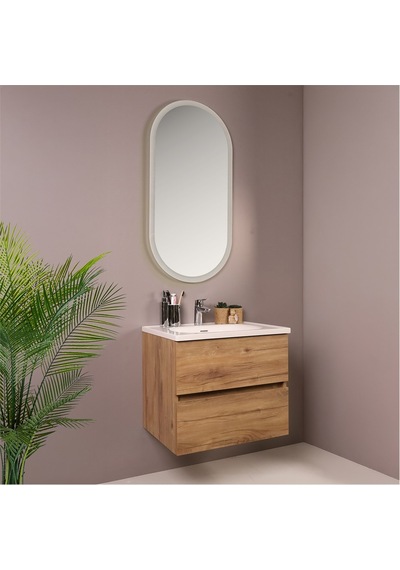 Kobos Simple 60 Cm Çekmeceli Banyo Dolabı Seti Light Walnut Ahşap Kobos Simple 60 Cm Çekmeceli Banyo Dolabı Seti Light Walnut Ahşap