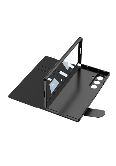 Samsung Uyumlu Galaxy Z Fold 7 Kılıf Aynalı Akıllı Şık Tasarımlı Suni Deri Mıknatıslı Katlanabilir Kapak Siyah