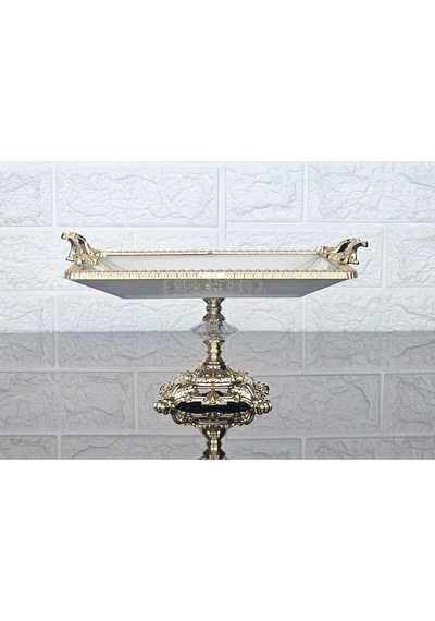 Porselen Küçük Sade Kare Servis Tabağı-sunumluk Döküm Gold Çerçeve Ve Ayaklı 22cm Beyaz