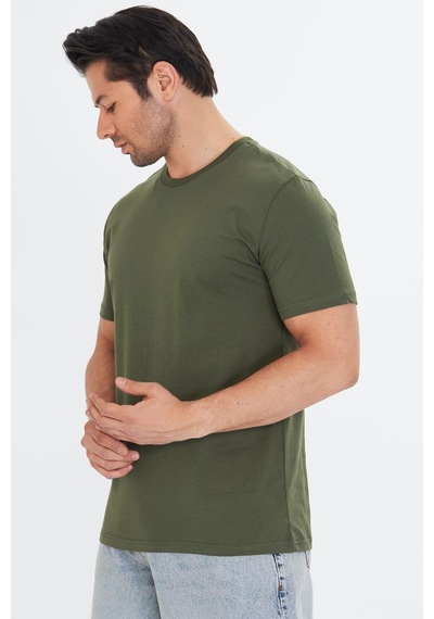 Trendhill Erkek Haki Pamuklu Bisiklet Yaka Büyük Beden T-shirt Hki5014b