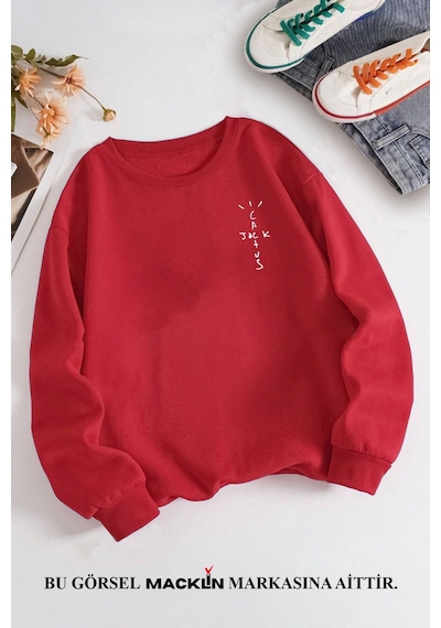 Macklin Unisex Kadın Erkek Travis Scott Cactus Jack Özel Tasarım Baskılı Bisiklet Yaka Sweatshirt Kırmızı1 Mck1298 Kırmızı