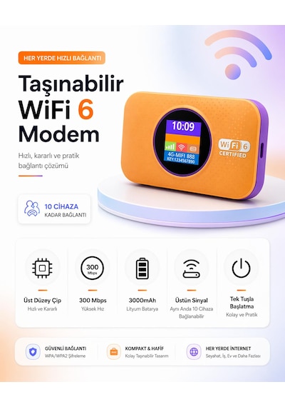 Taşınabilir Modem Mobil Wifi-5g Lte 3.000mah Batarya 300mbps Taşınabilir Router Wifi 6 Destekli Sım Kartlı Hotspotçoklu Kullanıcı Desteği