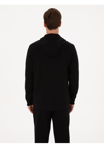 Siyah Regular Fit Pamuk Karışımlı Tam Fermuarlı Kapüşonlu Sweatshirt
