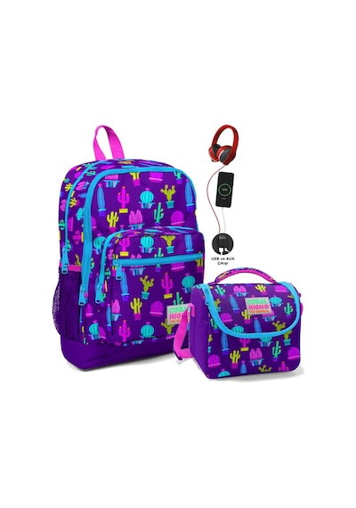 Coral High Baskılı Okul Çantası Ve Beslenme Çantası Seti - Kız Çocuk Mor Kaktüs - Usb Soketli Çok Renkli