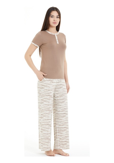 Lılac Kadın Zebra Desenli Düğmeli Pijama Takımı Kahverengi Kahverengi