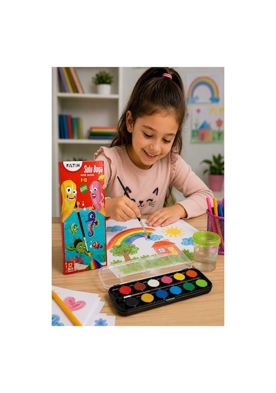 12 Renk Sulu Boya 23mm 1 Paket Fatih F-12 12 Li Suluboya Fırça Hediyeli Canlı Renkler Kaliteli Yıkanabilir Zararsız Çok Renkli