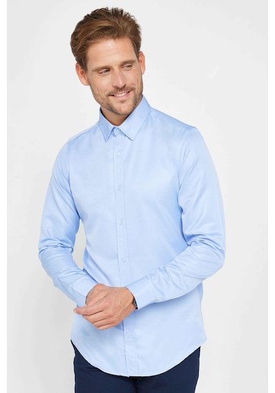 Tudors Slim Fit Uzun Kollu Kolay Ütü Teri Emen Nefes Alan Doku Kravatlık Dört Mevsim Mavi Erkek Gömlek-24892 Mavi