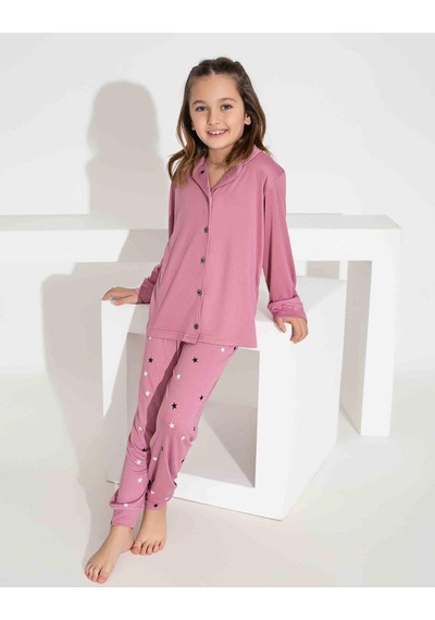 Kız Çocuk Yakası Kalp Desenli Düğmeli Uzun Kollu Pijama Takımı-961 Pembe
