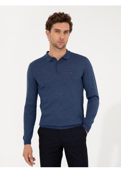 Cacharel İndigo Slim Fit Polo Yaka Basic Triko Kazak Mavi