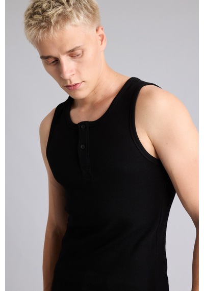 Defacto Regular Fit Ribana Henley Yaka Düğmeli Basic Atlet I1109ax26smbk81 Siyah-bk81