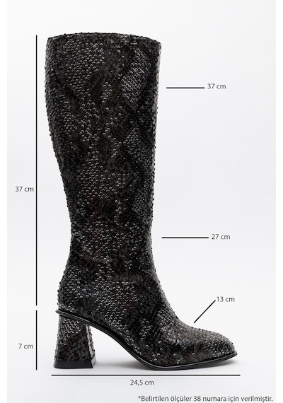 Luvishoes Luvi Shoes Elly Siyah Desenli Kadın Kalın Topuklu Çizme Siyah