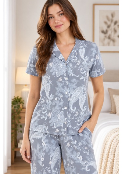 Lılac Kadın %100 Viskon Etnik Desenli Açık Gri Gömlek Yaka Pijama Takımı Gri Gri
