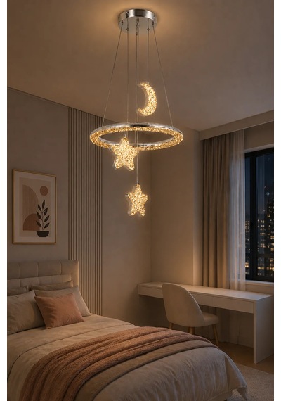 Modern Premium Gold Ay Yıldız 3 Renkli Ledli Sarkıt Avizesi Çocuk Genç Bebek Odası Modelleri 84w