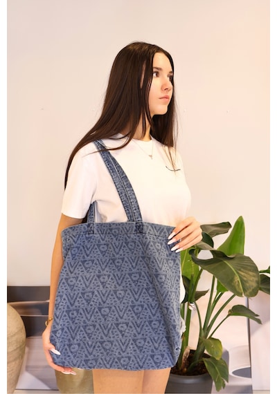 İcone Bag Desenli Yıkamalı Denim Kadın Çantası, Geniş Hacimli, Desenli El Ve Omuz Bez Çanta Shopper Mavi