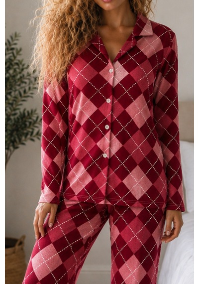 Kadın Örme Gömlek Yaka Kırmızı Pijama Takımı