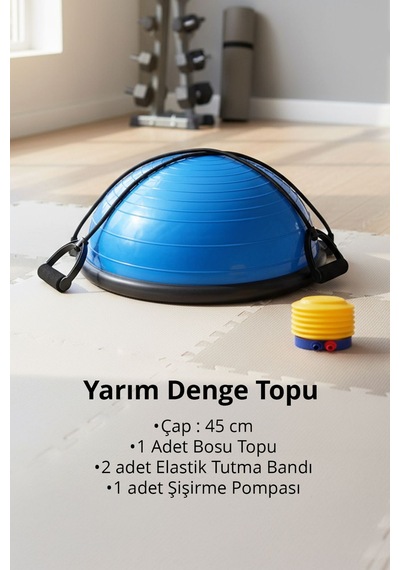 T181 M Bosu Ball Denge Topu 45 Cm Pilates Aleti Direnç Lastiği + Pompa Dahil Kaymaz Taban